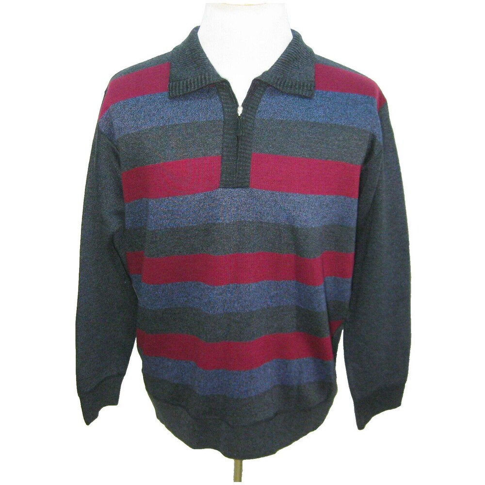 JKY Men's (Size 2XL) Gray 1/4 Zip 65% Wool Sweater Red Blue Striped Long Sleeve